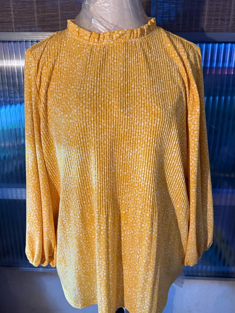 Adrianna Papell Yellow Floral Pleated Blouse